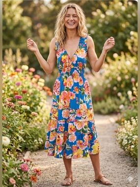 Blue Floral V-Neck Smocked Midi Dress